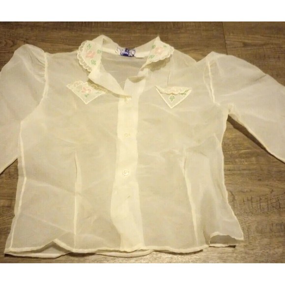 Vintage Dan Dee Girls Top 100% Nylon Sheer Embroidered Flowers Button Up Shirt - Picture 2 of 16